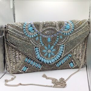 Elegant Silver and Blue Beaded Clutch by Atmosphere